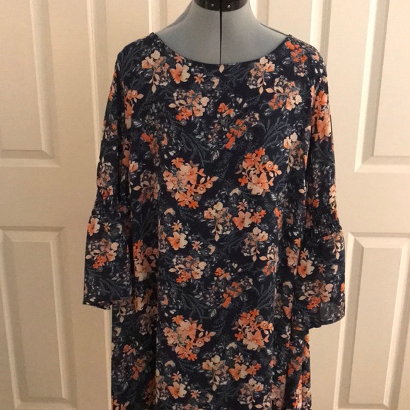 Luxology Dresses & Skirts - Luxology Spring Navy Blue Dress w/ Coral Pink Flowers Bell Sleeves Plus …